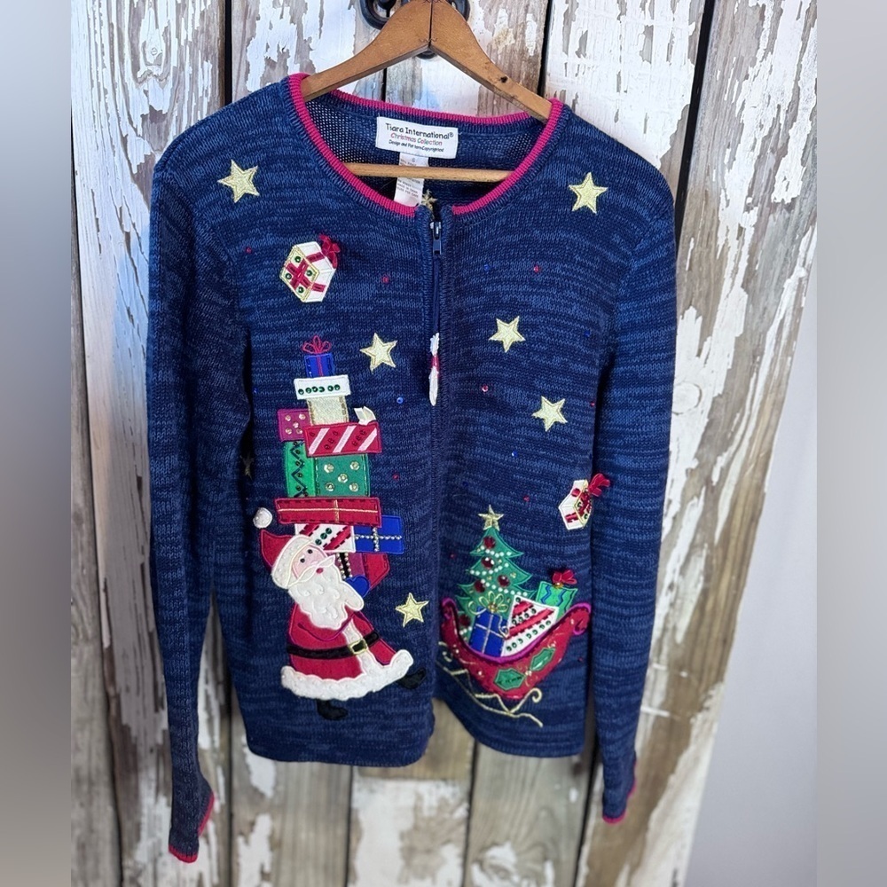 Tiara International Santa Christmas Collection Sweater Zip Up Size Small Vintage